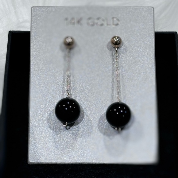 Brand New 14k Yellow Gold Earrings with dangling Obsidian - Picture 3 of 5
